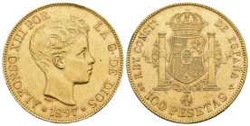 ALFONSO XIII. 100 pesetas. 1897*18-97. Madrid. SGV. AU 32,26 g. 34,9 mm. VII-199; AC-119. Dos mínimos defectos en canto. EBC. 

Lote no sujeto a tas...