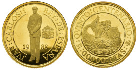 JUAN CARLOS I. Prueba en oro. 1988. V Centenario. Madrid. 00000 pesetas. Presentación ante S.M. la Reina. AU 13,8 g. 30 mm. En su estuche original. Pr...