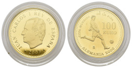 JUAN CARLOS I. 100 euros. 2003. Copa Mundial de la FIFA Alemania 2006. FNMT. AU 6,75 g. En su estuche original y con certificado de autenticidad. Prue...
