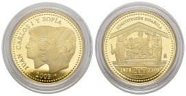 JUAN CARLOS I. 200 euros. 2003. XXV Aniversario de la Constitución Española. FNMT. AU 13,5 g. En su estuche original y con certificado de autenticidad...