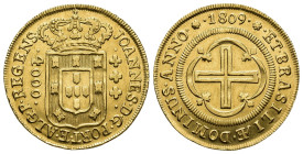 MONEDA EXTRANJERA. BRASIL. Juan, príncipe regente. 4000 reis. 1809. AU 7,98 g. 26,9 mm. Gomes-33.05. Finas rayas. Limpiada. MBC+.