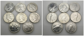 MONEDA EXTRANJERA. ESTADOS UNIDOS DE AMÉRICA. Lote de 8 monedas de 1 dólar PEACE diferentes, de 1922 a 1935. De MBC- a SC.