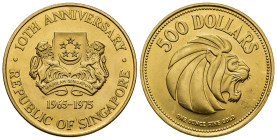 MONEDA EXTRANJERA. SINGAPUR. 500 dólares. 1975. X Aniversario de la independencia. Oro de 900 milésimas. AU 34,55 g. 34,4 mm. KM-14. SC.