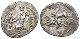 GRECIA ANTIGUA. CILICIA. Tarsos. Mazaios. Estátera (361-333 a.C.). A/ Baal de Tarsos entronizado a izq., a la der. en arameo BAALTARZ. R/ León devoran...