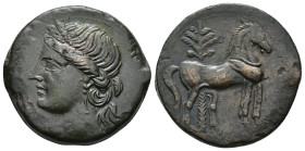 GRECIA ANTIGUA. CARTHAGO. Trishekel (s. III a.C.). A/ Cabeza de Tanit a izq. R/ Caballo parado delante de palmera. AE 18,54 g. 29,5 mm. COP-344; MAA-8...