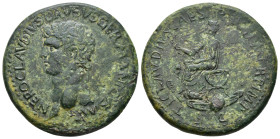 IMPERIO ROMANO. NERO CLAUDIO DRUSO. Sestercio. Roma (41-50 d.C.). A/ Cabeza a izq.; NERO CLAVDIVS DRVSVS GERMANICVS IMP. R/ Claudio togado sentado a i...