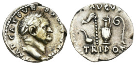 IMPERIO ROMANO. VESPASIANO. Denario. Roma (71 d.C.). A/ Cabeza laureada a der.; IMP CAES VESP AVG P M. R/ Instrumentos sacerdotales; AVGVR/TRI POT. AR...
