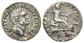 IMPERIO ROMANO. VESPASIANO. Denario forrado. Roma (74 d.C.). A/ Cabeza laureada a der.; IMP CAES VESPASIANVS AVG. R/ Vespasiano sentado a der. con ram...