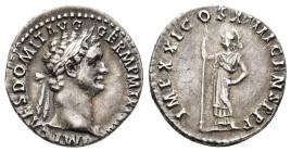 IMPERIO ROMANO. DOMICIANO. Denario. Roma (89 d.C.). A/ Cabeza laureada a der.; IMP CAES DOMIT AVG GERM P M TR P (VIIII). R/ Minerva a izq. con lanza; ...