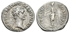 IMPERIO ROMANO. NERVA. Denario. Roma (98 d.C.). A/ Cabeza laureada a der.; IMP NERVA CAES AVG GERM P M TR P II. R/ Libertas a izq. con cetro y pileus;...