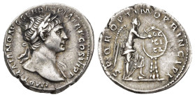 IMPERIO ROMANO. TRAJANO. Denario. Roma (112-114). A/ Cabeza laureada, drapeada al hombro a der.; IMP TRAIANO AVG GER DAC P M TR P COS VI P P. R/ Victo...