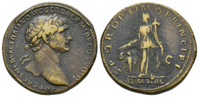 IMPERIO ROMANO. TRAJANO. Sestercio. Roma (112-114). A/ Cabeza laureadaa der.; IMP CAES NERVAE TRAIANO AVG GER DAC P M TR P COS VI P P. R/ AE 28,41 g. ...