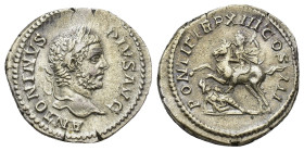 IMPERIO ROMANO. CARACALLA. Denario. Roma (210). A/ Cabeza laureada a der.; ANTONINVS PIVS AVG. R/ Caracalla a caballo a izq. pisando enemigo; PONTIF T...