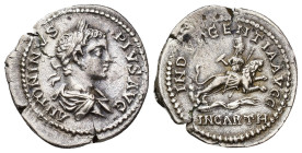 IMPERIO ROMANO. CARACALLA. Denario. Roma (201-206). A/ Busto laureado, drapeado y acorazado a der.; ANTONINVS PIVS AVG. R/ Dea Caelestis cabalgando un...
