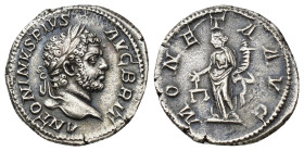 IMPERIO ROMANO. CARACALLA. Denario. Roma (210-213). A/ Cabeza laureada a der.; ANTONINVS PIVS AVG BRIT. R/ Moneta a izq. con balanza y cornucopia; MON...