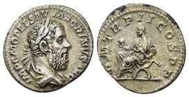 IMPERIO ROMANO. MACRINO. Denario. Roma (217). A/ Busto laureado, drapeado y acorazado a der.; IMP CM OPEL SEV MACRINVS AVG. R/ Macrino sentado a izq. ...