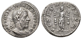 IMPERIO ROMANO. MACRINO. Denario. Roma (217-218). A/ Busto laureado y acorazado a der.; IMP C M OPEL SEV MACRINVS AVG. R/ Fides con dos estandartes; F...