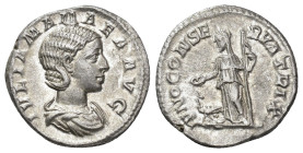 IMPERIO ROMANO. JULIA MAMEA (bajo Alejandro Severo). Denario. Roma (225-235). A/ Busto drapeado a der.; IVLIA MAMAEA AVG. R/ Juno a izq. con pátera y ...