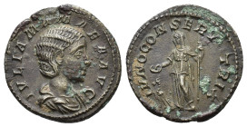 IMPERIO ROMANO. JULIA MAMEA (bajo Alejandro Severo). Denario. Roma (225-235). A/ Busto drapeado a der.; IVLIA MAMAEA AVG. R/ Juno a izq. con pátera y ...