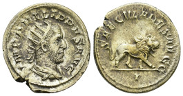IMPERIO ROMANO. FILIPO I. Antoniniano. Roma (248). A/ Busto radiado a der.; IMP PHILIPPVS AVG. R/ León a der.; SAECVLARES AVGG. VE 4,2 g. 23 mm. RIC-1...