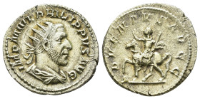 IMPERIO ROMANO. FILIPO I. Antoniniano. Roma (244-247). A/ Busto radiado y acorazado a der.; IMP M IVL PHILIPPVS AVG. R/ Filipo a caballo a izq.; ADVEN...