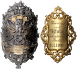 Brandenburg-Berlin, Stadt. 
Lot von 2 Spazierstockabzeichen: 'Gewidmet von H. Kuhn Buchdruckerbesitzer Berlin 21.1.1891' und 'Goldschmiede-Innung zu ...