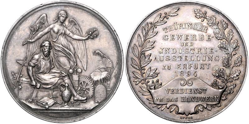 Erfurt, Stadt. 
Lot von 3 Stücken: Silbermedaille 1894 (v. Apell) Prämie der Ge...