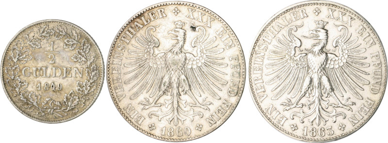 Frankfurt, Stadt. 
Lot von 3 Stücken: 1/2 Gulden 1849, Vereinstaler 1860 und 18...