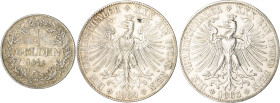 Frankfurt, Stadt. 
Lot von 3 Stücken: 1/2 Gulden 1849, Vereinstaler 1860 und 1863. Kahnt&nbsp;168,170, Davenport&nbsp;649,652, AKS&nbsp;8,10,16, Thun...