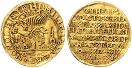 Hessen/-Kassel. 
Wilhelm V. 1627-1637. Goldgulden 1637 auf seinen Tod, mit 14 Sonnenstrahlen und 4 Häusern. Schütz&nbsp;973, Hoffmeister&nbsp;4653, F...