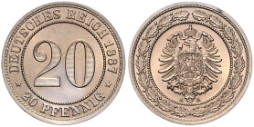 Kleinmünzen. 
20 Pfennig 1887 A. Jaeger&nbsp;6. ein winz. Kr.. 

st-/st