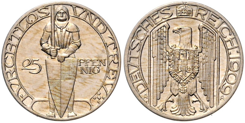 Kleinmünzen. 
25 Pfennig 1909 A Motivprobe in Kupfer-Nickel, Adler von vorn mit...