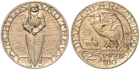 Kleinmünzen. 
25 Pfennig 1909 A Motivprobe in Kupfer-Nickel, Adler von der Seite / Ritter mit Schwert, Umschrift: FVRCHTLOS VND TREV. Jaeger&nbsp;zu&...