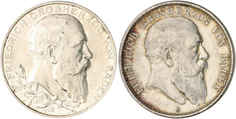 Baden. 
Friedrich I. 1856-1907. Lot von 2 Stücken: 2 Mark 1902 (G) Zum 50-jähri...