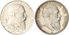 Baden. 
Friedrich I. 1856-1907. Lot von 2 Stücken: 2 Mark 1902 (G) Zum 50-jährigen Regierungsjubiläum und 2 Mark 1905. Jaeger&nbsp;30,32. . 

vz+ u...