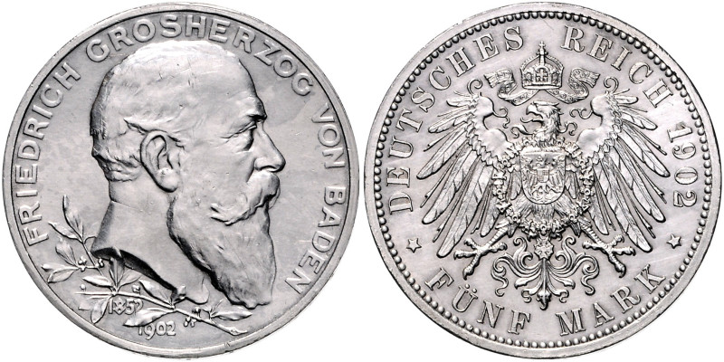 Baden. 
Friedrich I. 1856-1907. 5 Mark 1902 (G) Zum 50-jährigen Regierungsjubil...