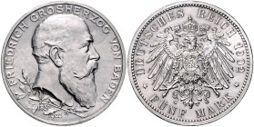 Baden. 
Friedrich I. 1856-1907. 5 Mark 1902 (G) Zum 50-jährigen Regierungsjubiläum. Jaeger&nbsp;31. . 

st-
