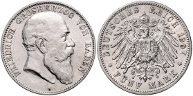 Baden. 
Friedrich I. 1856-1907. 5 Mark 1907 G. Jaeger&nbsp;33. . 

ss-vz