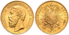 Baden. 
Friedrich I. 1856-1907. 20 Mark 1872 G. Jaeger&nbsp;184. minimale Randunebenheiten, sehr selten in dieser Erhaltung. 

f.st
