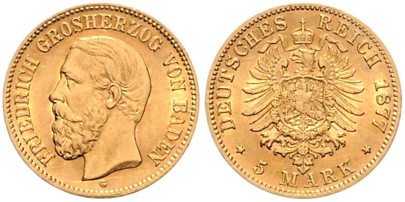 Baden. 
Friedrich I. 1856-1907. 5 Mark 1877 G. Jaeger&nbsp;185. . 

ss-vz