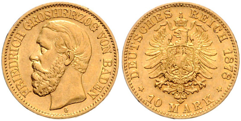Baden. 
Friedrich I. 1856-1907. 10 Mark 1878 G. Jaeger&nbsp;186. winz. Rf.. 
...