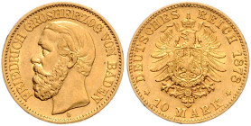 Baden. 
Friedrich I. 1856-1907. 10 Mark 1878 G. Jaeger&nbsp;186. winz. Rf.. 

ss+