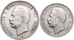 Baden. 
Friedrich II. 1907-1918. Lot von 2 Stücken: 3 Mark 1915 G und 5 Mark 1908 G. Jaeger&nbsp;39,40. . 

ss+ und ss-vz