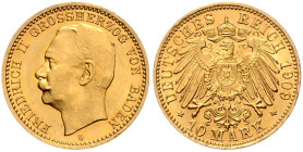 Baden. 
Friedrich II. 1907-1918. 10 Mark 1909 G. Jaeger&nbsp;191. Vs: feine Kratzer hinter Kopf. 

f.st