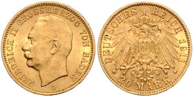 Baden. 
Friedrich II. 1907-1918. 20 Mark 1911 G. Jaeger&nbsp;192. . 

vz-