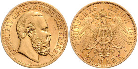 Hessen. 
Ludwig IV. 1877-1892. 20 Mark 1892 A. Jaeger&nbsp;221. Vs. kl. Kr.. 

ss-vz