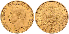 Hessen. 
Ernst Ludwig 1892-1918. 20 Mark 1908 A. Jaeger&nbsp;226. kl. Rf.. 

ss+