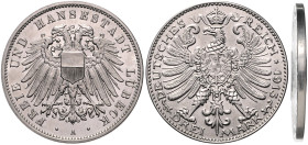 Lübeck. 
3 Mark Probe 1915 A in Nickel (magnetisch) mit anderer Adlerseite. Stempelkopplung der Adlerseite vom 3 Markstück J. 163 von Sachsen-Meining...