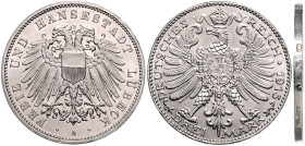 Lübeck. 
3 Mark Probe 1915 A in Nickel (magnetisch) mit anderer Adlerseite. Stempelkopplung der Adlerseite vom 3 Markstück J. 163 von Sachsen-Meining...