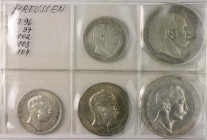 Preußen. 
Wilhelm I. 1861-1888. Lot von 5 Stücken: 2 Mark 1876 und 1905 A, 3 Mark 1905 A, 5 Mark 1875 und 1902 A. Jaeger&nbsp;96,97,&nbsp;102-104. . ...